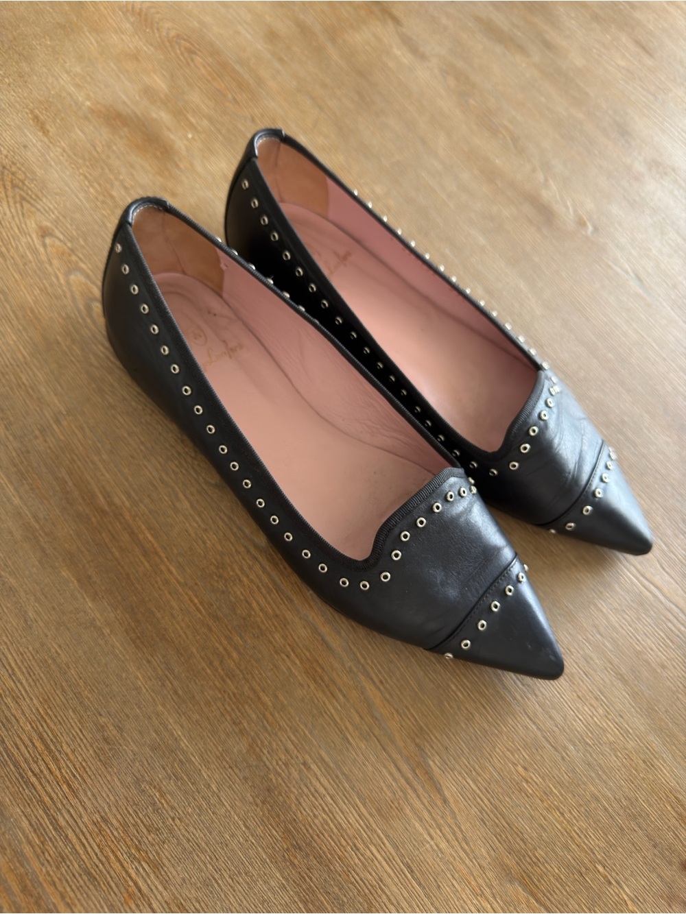 Stud-Trim Pointed Black Leather Flats - Women's
